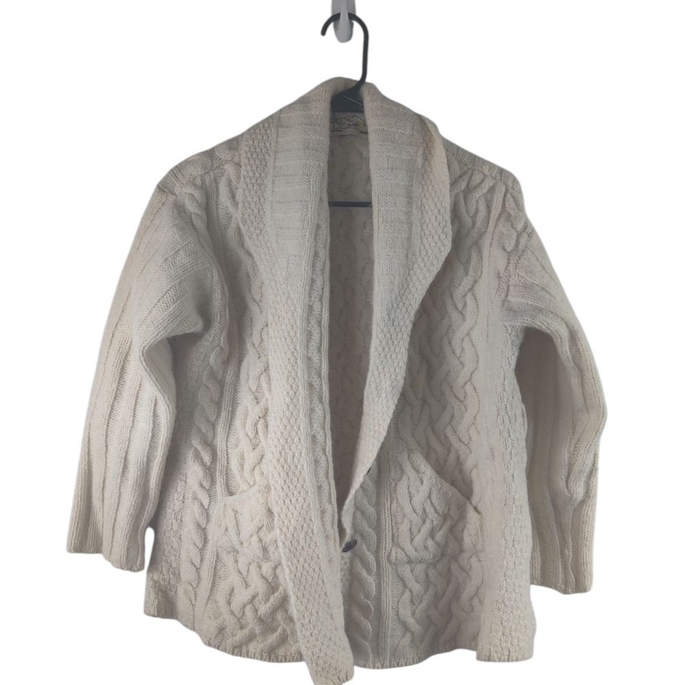 Vtg Shrunk AranCrafts Cream Cable Knit Alpaca & Merino Cardigan With Buttons XS
